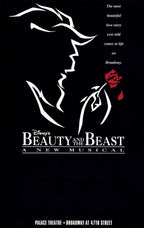 Beauty and the Beast poster print with a white Beast profile, red rose, Broadway tagline, and black background.