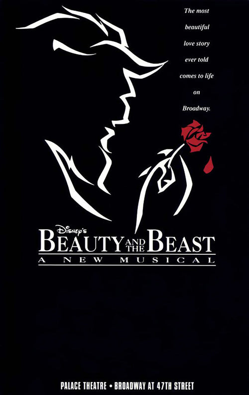Beauty and the Beast poster print with a white Beast profile, red rose, Broadway tagline, and black background.