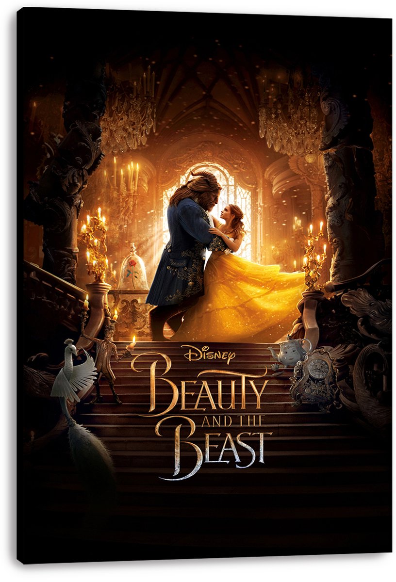 Beauty and the Beast canvas wall art print displays Belle in a flowing yellow gown dancing with the Beast in a candlelit hall.