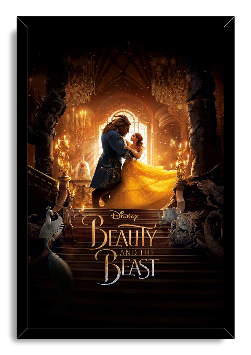 Beauty and the Beast framed wall art print portrays the ballroom dance, ornate chandeliers, enchanted objects, and gold title lettering.