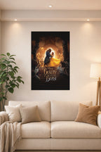 Beauty and the Beast Movie in a bright living room above a beige sofa.