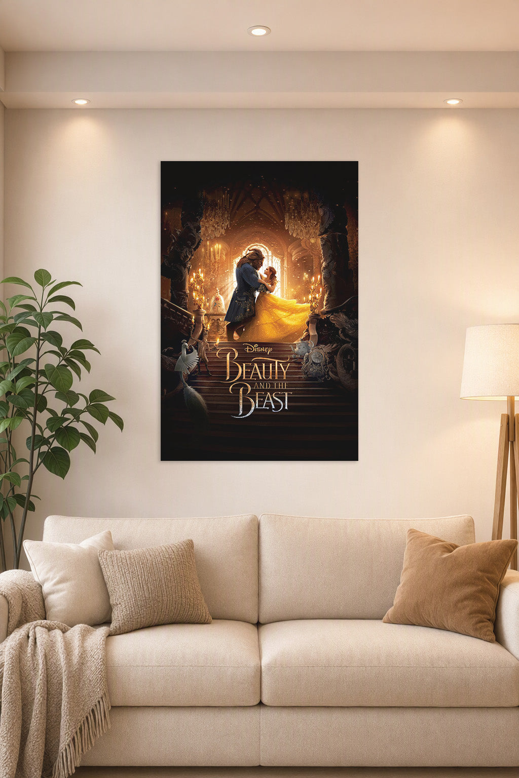 Beauty and the Beast Movie in a bright living room above a beige sofa.
