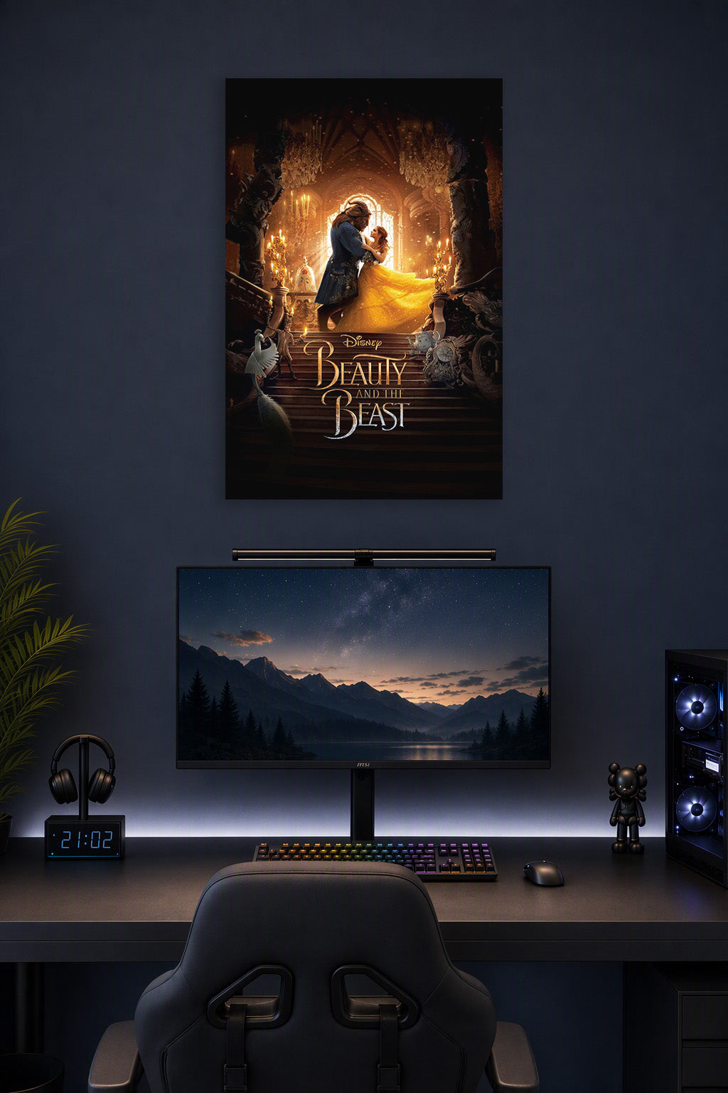 Beauty and the Beast Movie in a gaming desk setup above a monitor.