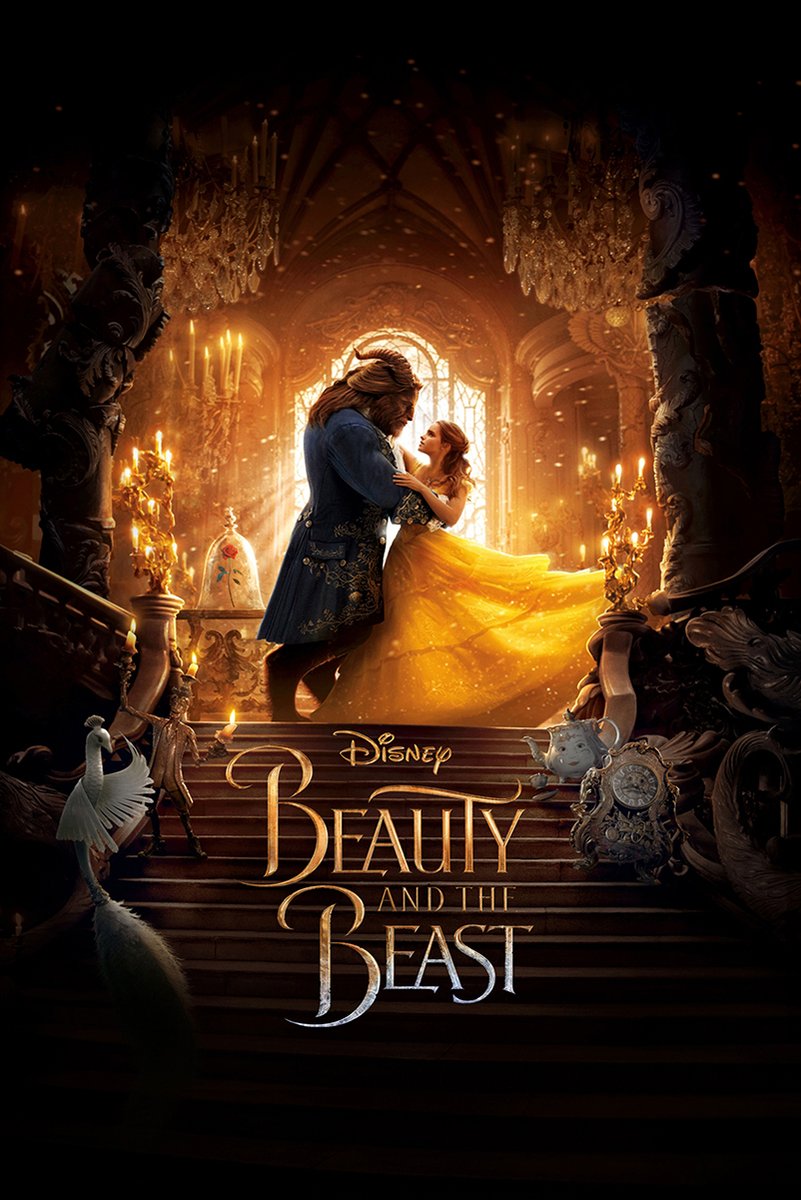Beauty and the Beast poster features Belle and the Beast dancing in a glowing gold ballroom beneath chandeliers and candles.