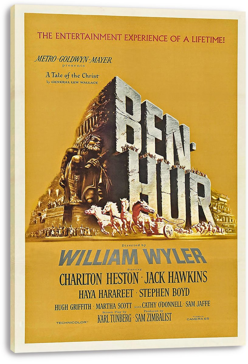 Ben-Hur canvas wall art print with a white gallery-wrapped edge, featuring Roman architecture, racing horses, and bold title lettering.
