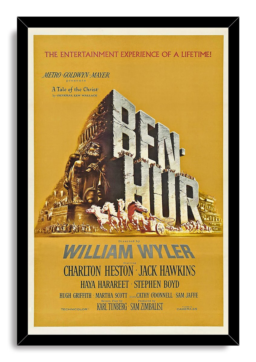 Ben-Hur framed wall art print in a black frame, featuring a gold poster design with giant title letters and chariots.