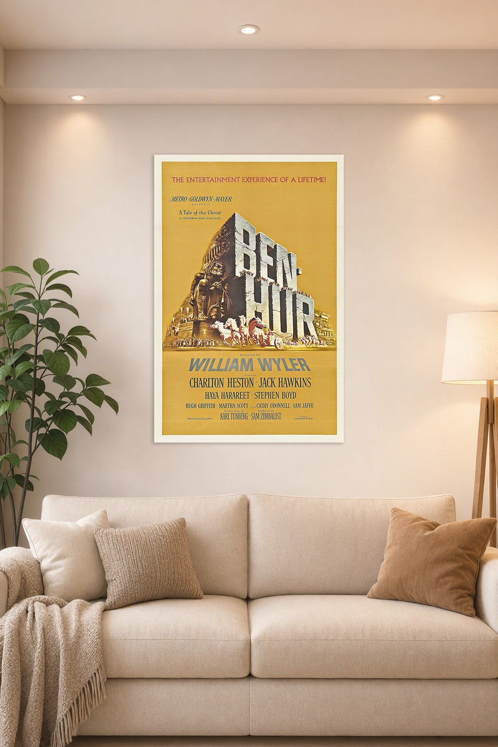 Ben-Hur Movie Poster in a bright living room above a beige sofa.