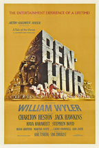 Ben-Hur movie poster print in golden yellow, with monumental title letters, a Roman statue, and a chariot race.