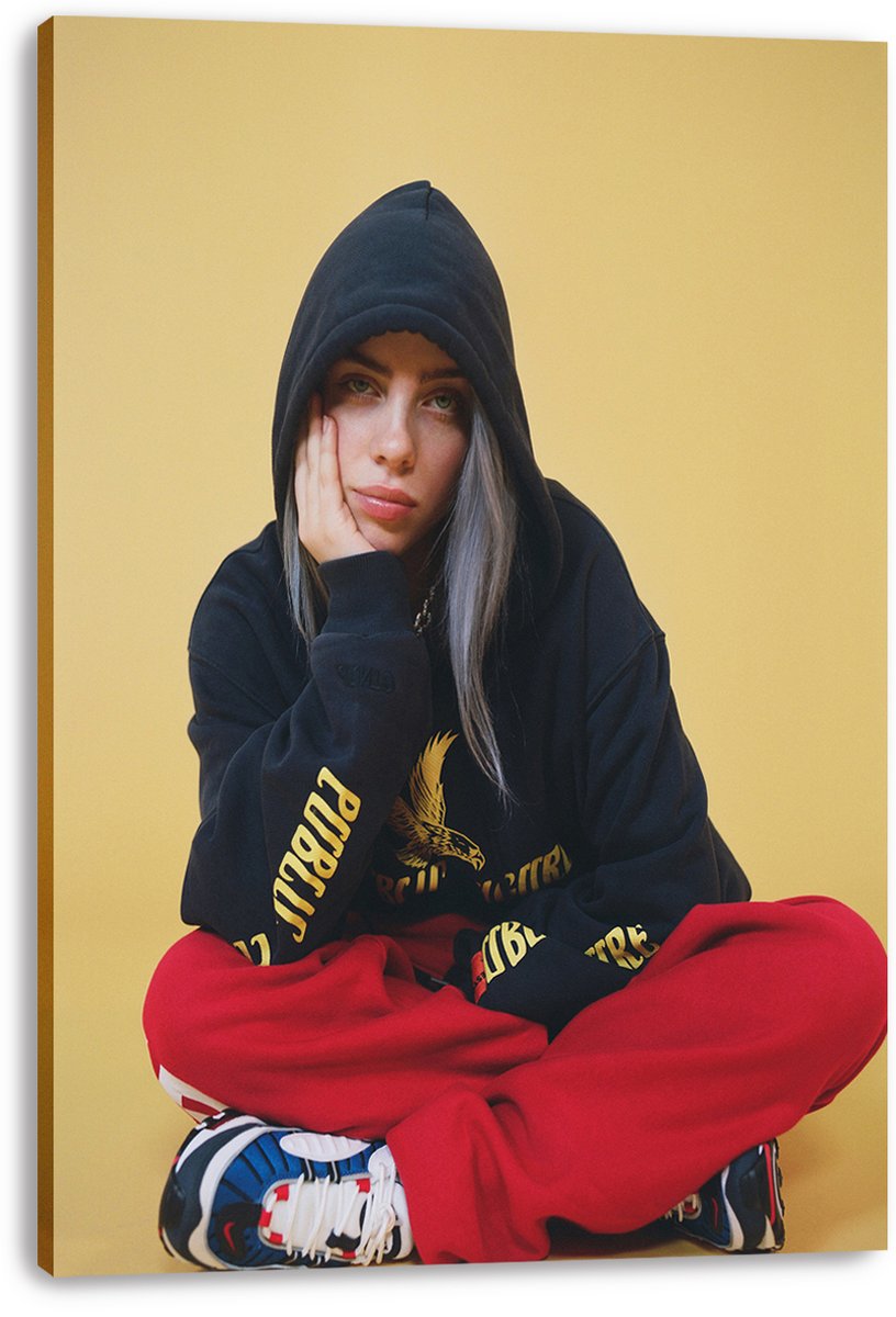 Billie Eilish canvas wall art print features her seated in a black hooded sweatshirt, red pants, and multicolor sneakers.