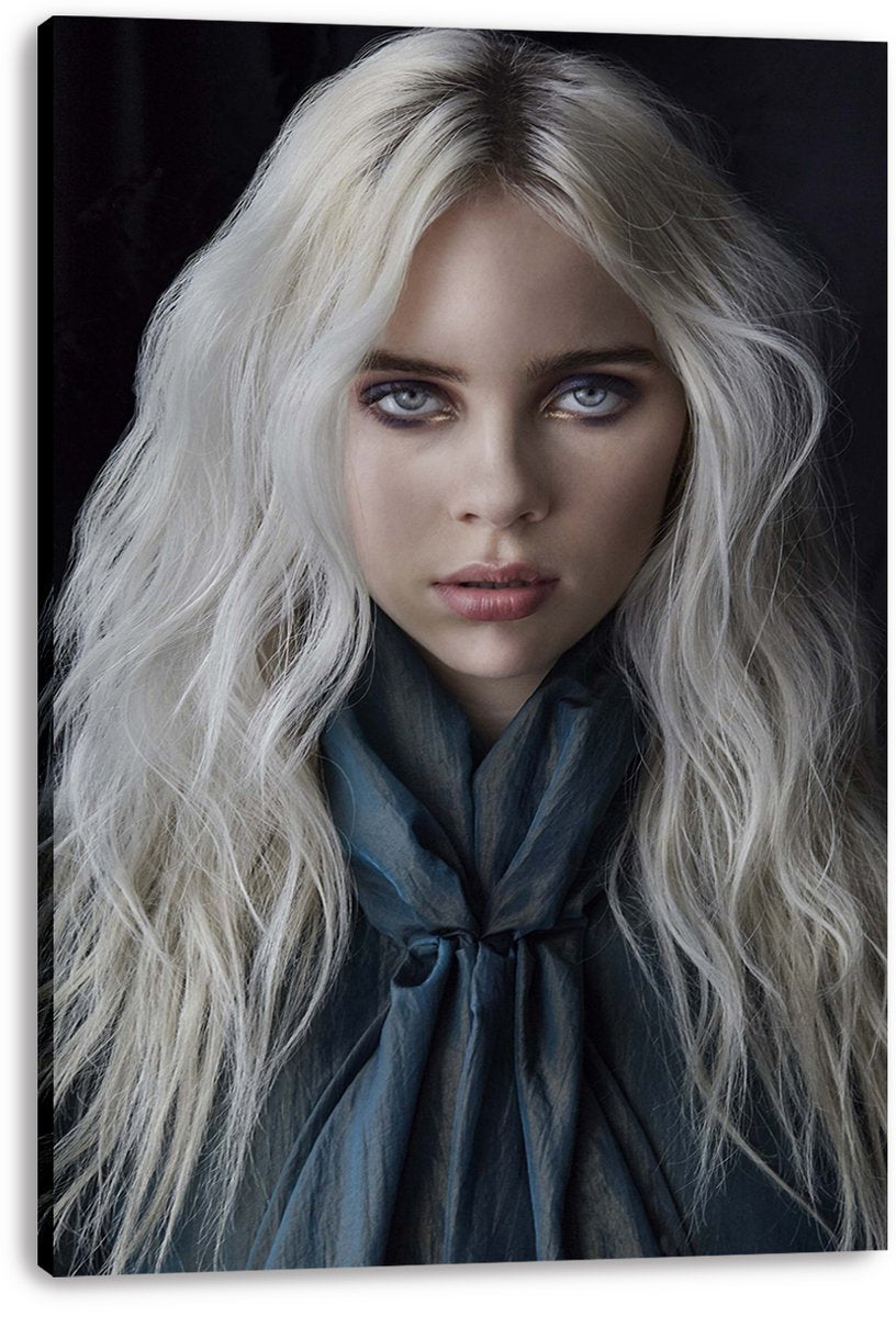 Billie Eilish canvas wall art print displaying a platinum-blonde woman with dramatic eye makeup against a dark background.