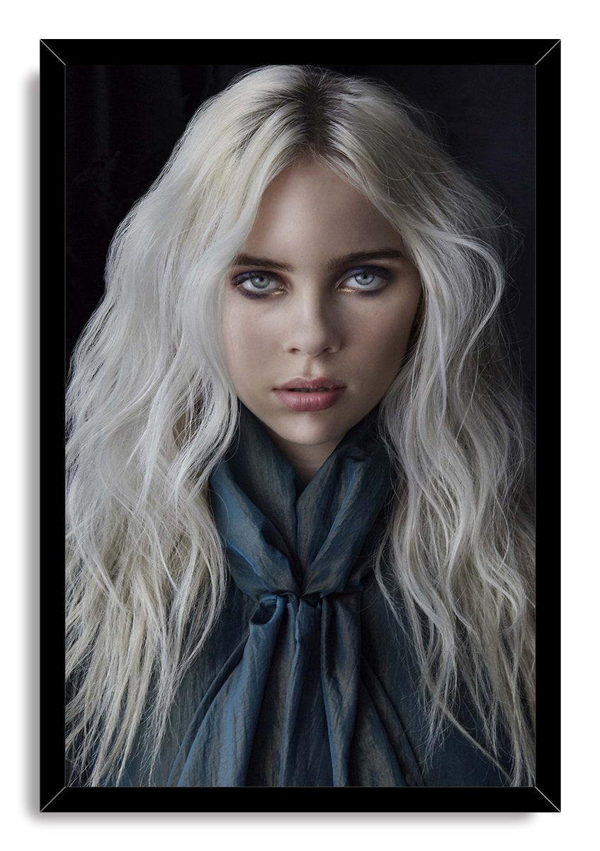Billie Eilish framed wall art print with a black border, portraying a blonde woman in a dark teal scarf.