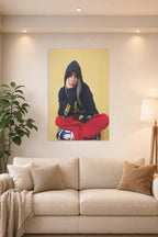 Billie Eilish in a bright living room above a beige sofa.