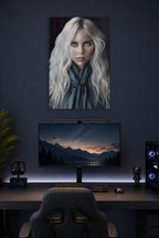 Billie Eilish in a gaming desk setup above a monitor.