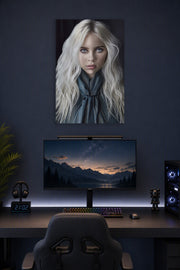 Billie Eilish in a gaming desk setup above a monitor.