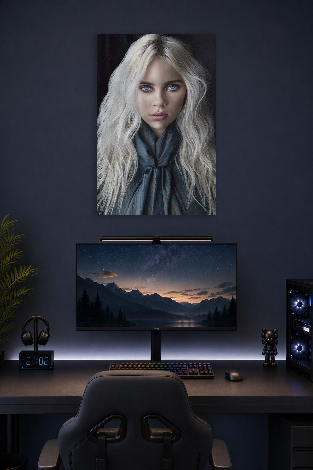 Billie Eilish in a gaming desk setup above a monitor.