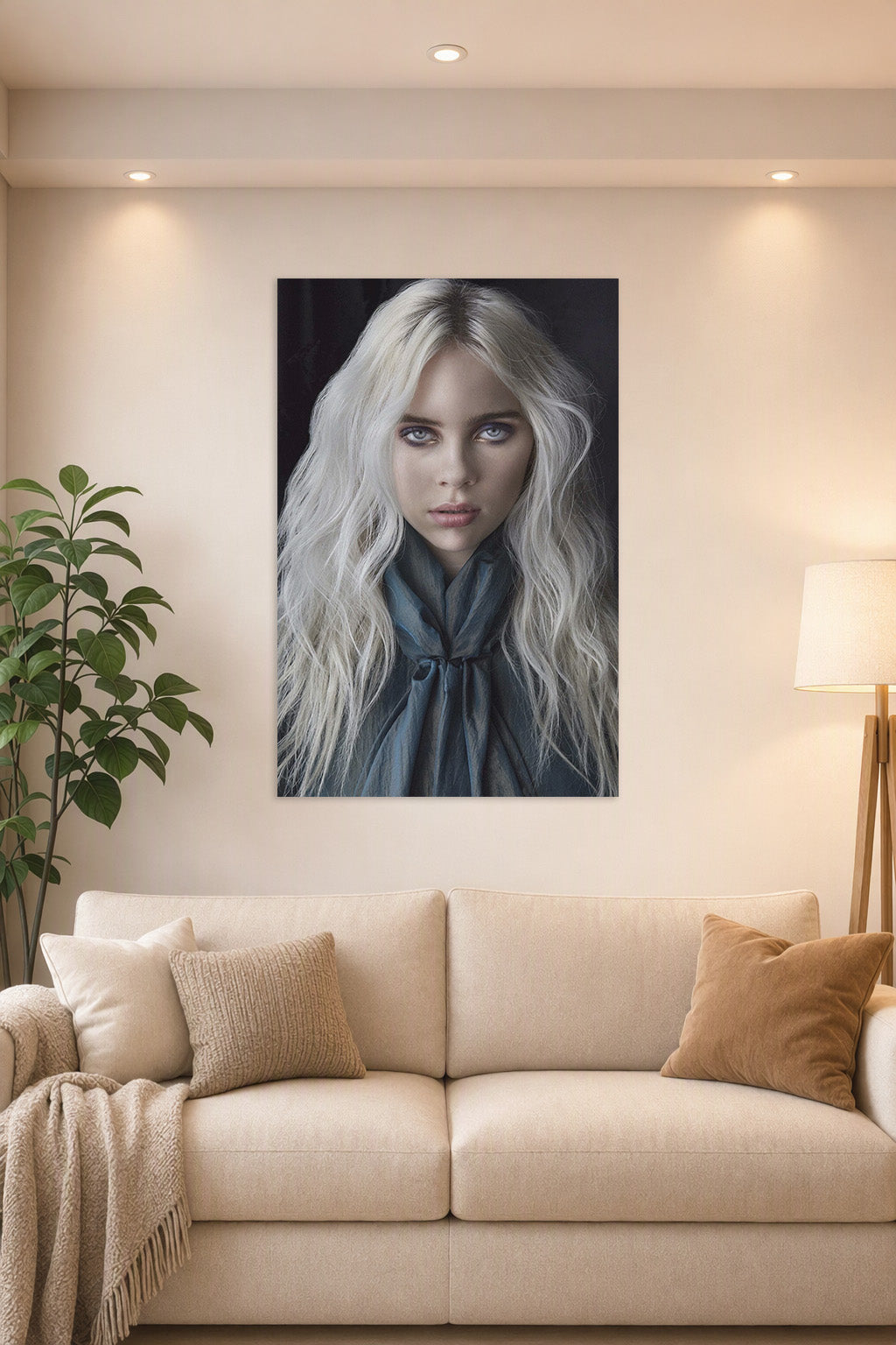 Billie Eilish in a bright living room above a beige sofa.