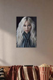 Billie Eilish in a cozy movie room above a brown sofa with popcorn.