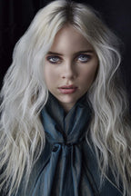Billie Eilish wall art print featuring a close portrait with platinum-blonde hair, pale blue eyes, and a deep teal scarf.