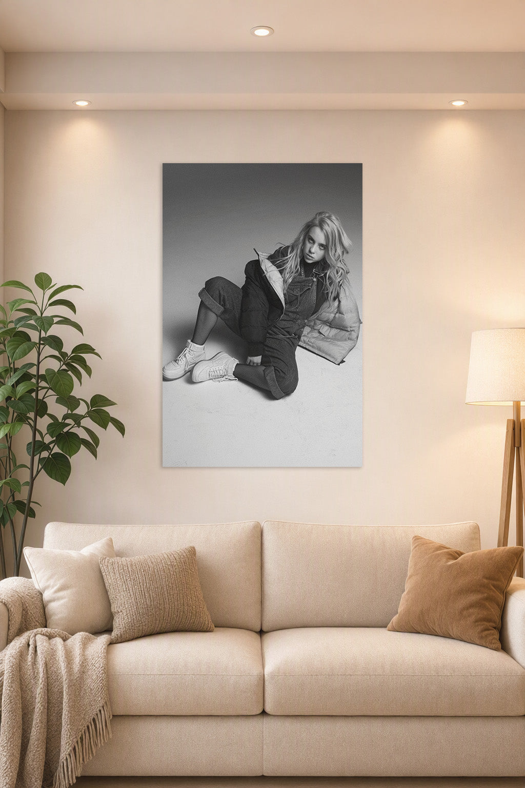 Billie Eilish in a bright living room above a beige sofa.
