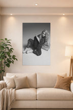 Billie Eilish in a bright living room above a beige sofa.