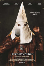 BlacKkKlansman movie poster wall art print with a hooded figure holding an afro pick, police badge, and raised fist.