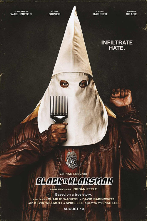 BlacKkKlansman movie poster wall art print with a hooded figure holding an afro pick, police badge, and raised fist.