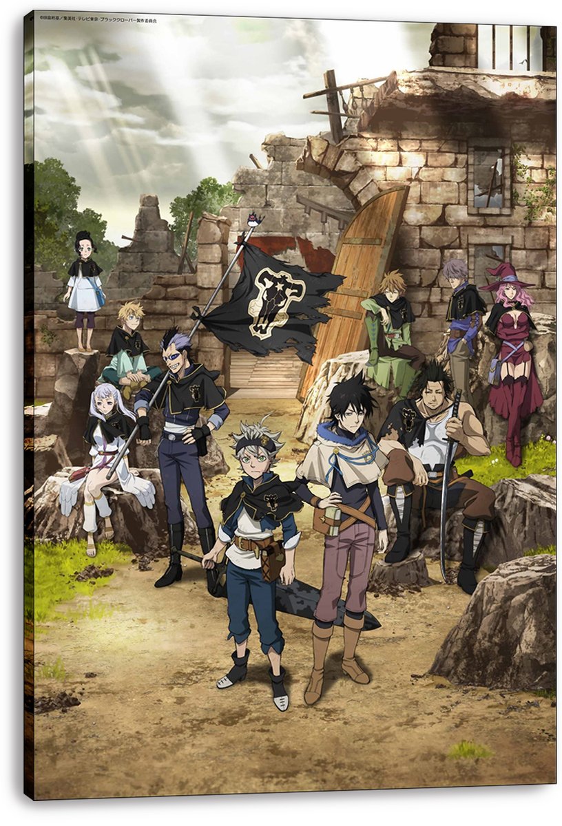 Black Clover canvas wall art print displays the Black Bulls squad, a tattered black flag, and ancient stone ruins.