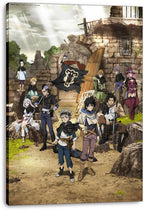 Black Clover canvas wall art print displays the Black Bulls squad, a tattered black flag, and ancient stone ruins.