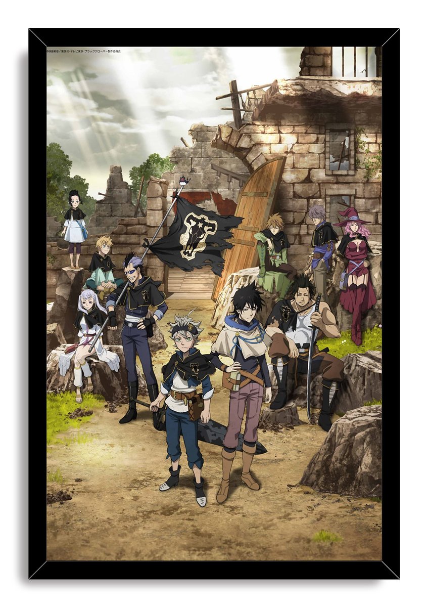 Black Clover framed wall art print portrays the Black Bulls squad posed around their flag outside a weathered stone building.