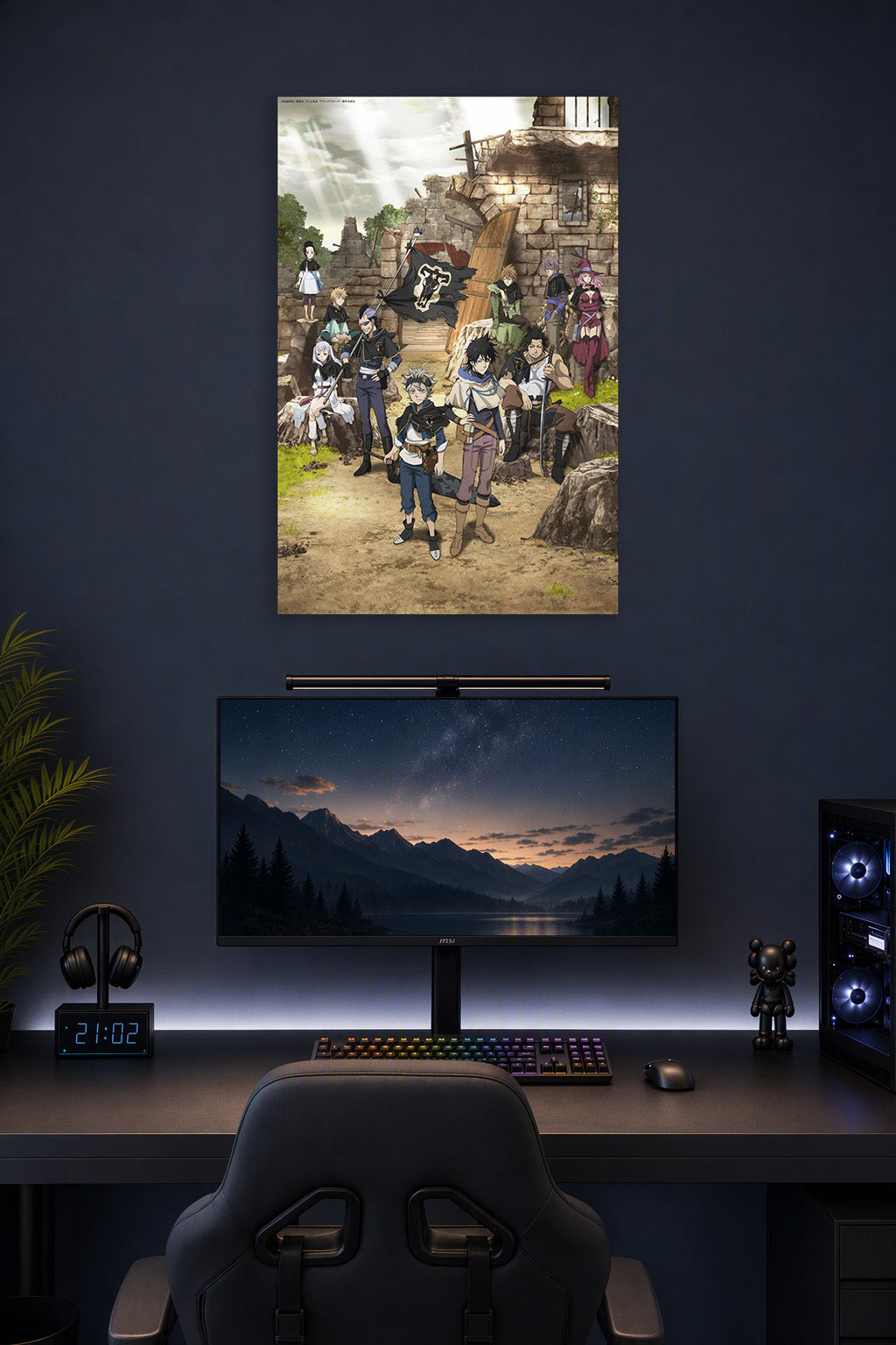 Black Clover Black Bulls Squad in a gaming desk setup above a monitor.