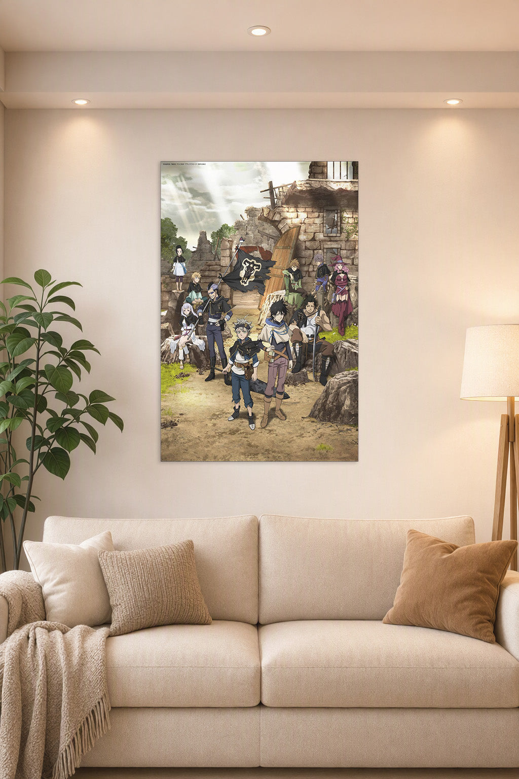 Black Clover Black Bulls Squad in a bright living room above a beige sofa.