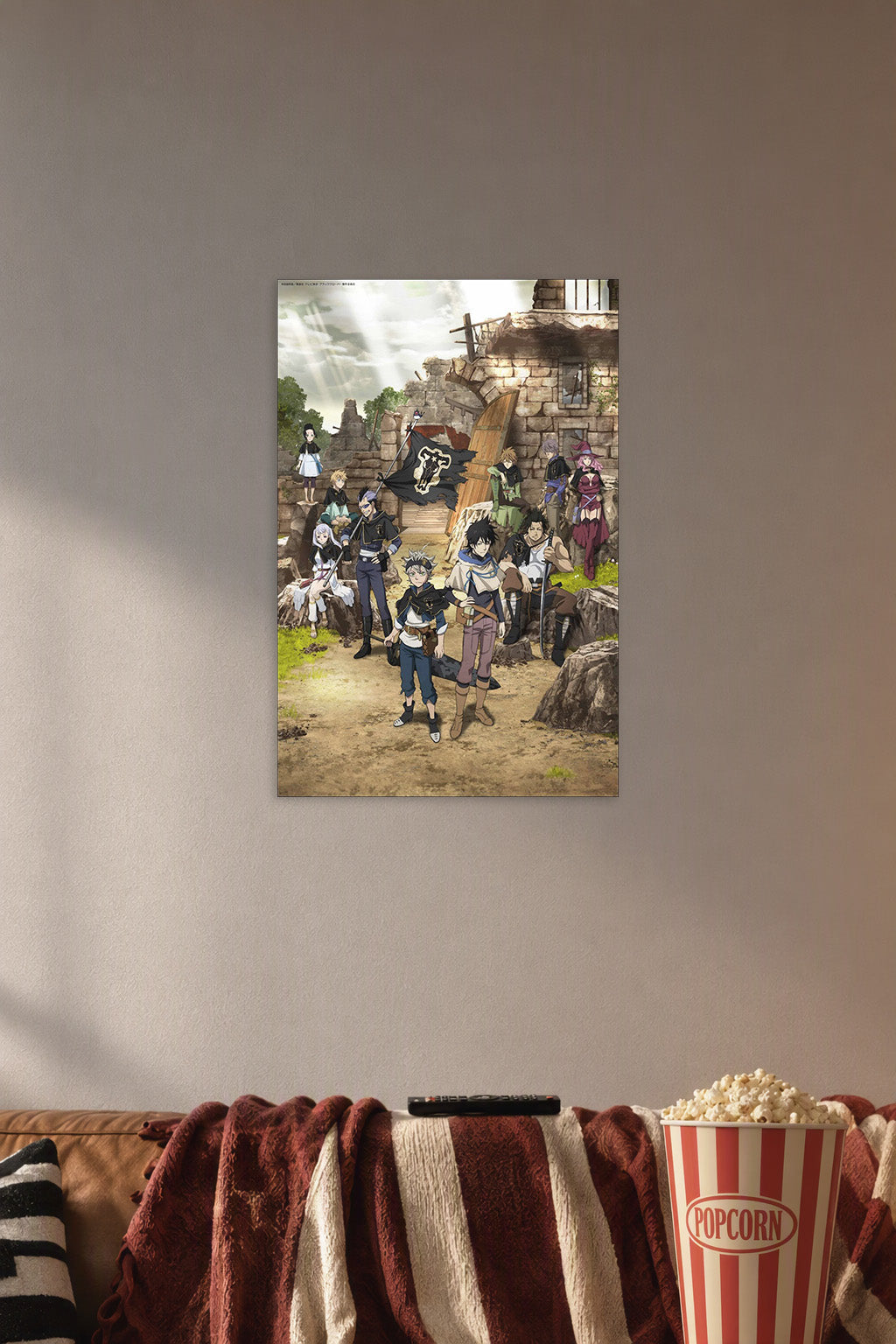 Black Clover Black Bulls Squad in a cozy movie room above a brown sofa with popcorn.