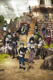 Black Clover poster features the Black Bulls squad gathered before a ruined stone house beneath sunlit clouds.