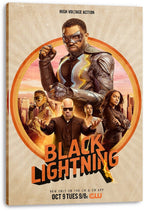 Black Lightning canvas wall art print displays the armored hero and four characters before a city skyline within orange rings.