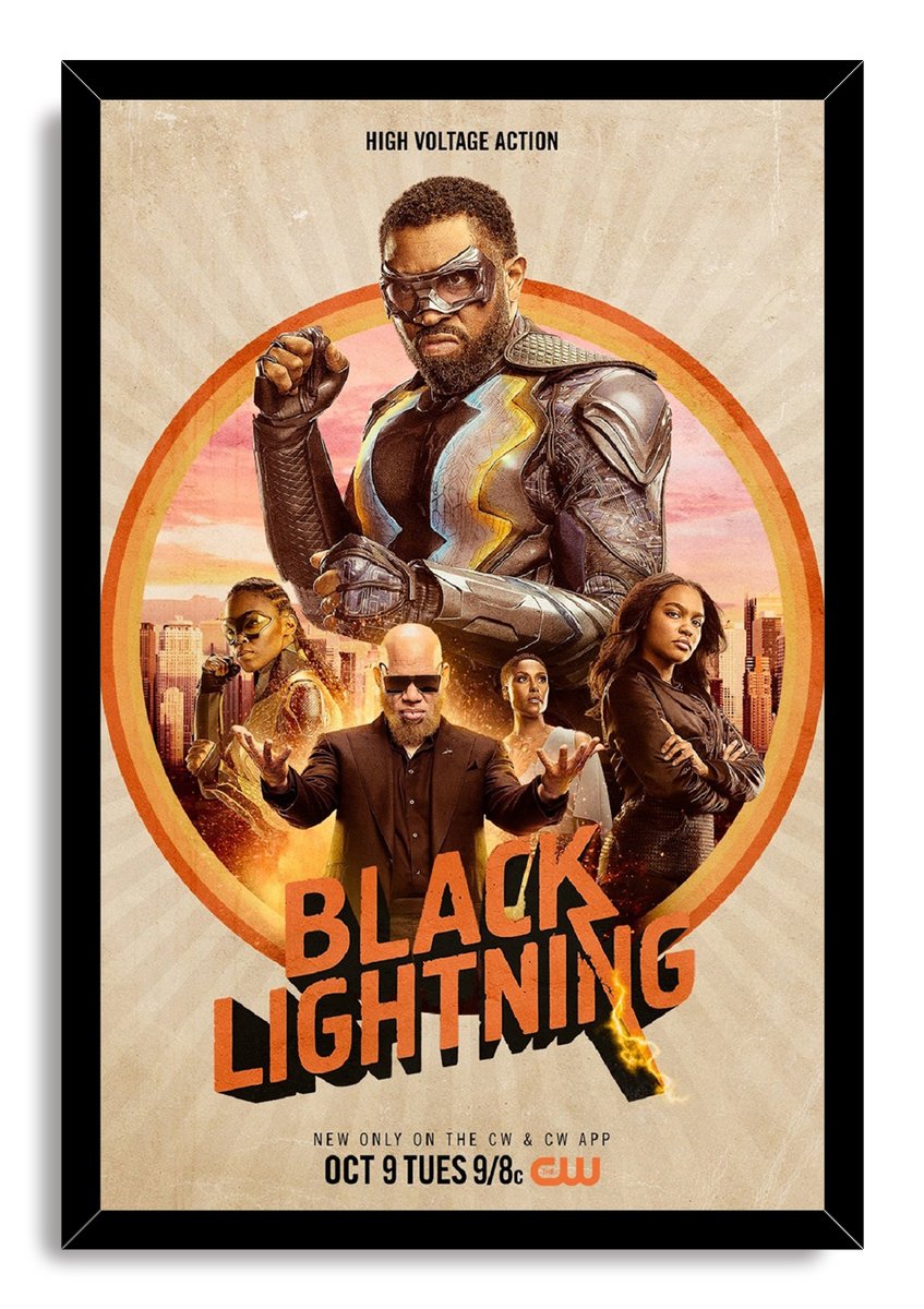 Black Lightning framed wall art print presents the armored hero with four allies, orange sunburst circles, and a city skyline.