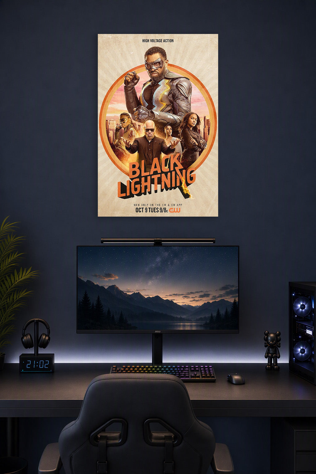 Black Lightning TV Series in a gaming desk setup above a monitor.