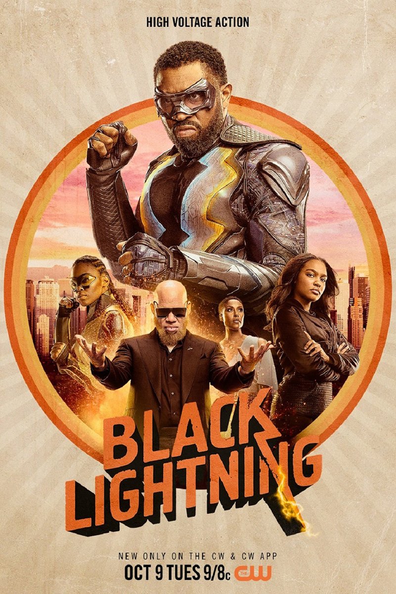 Black Lightning poster features the armored hero raising a fist above four allies, a glowing city skyline, and orange circular rays.