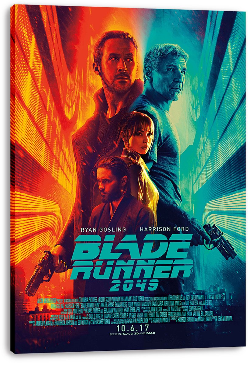 Blade Runner 2045 canvas wall art print displays four characters and bold teal title text amid orange and turquoise city lights.
