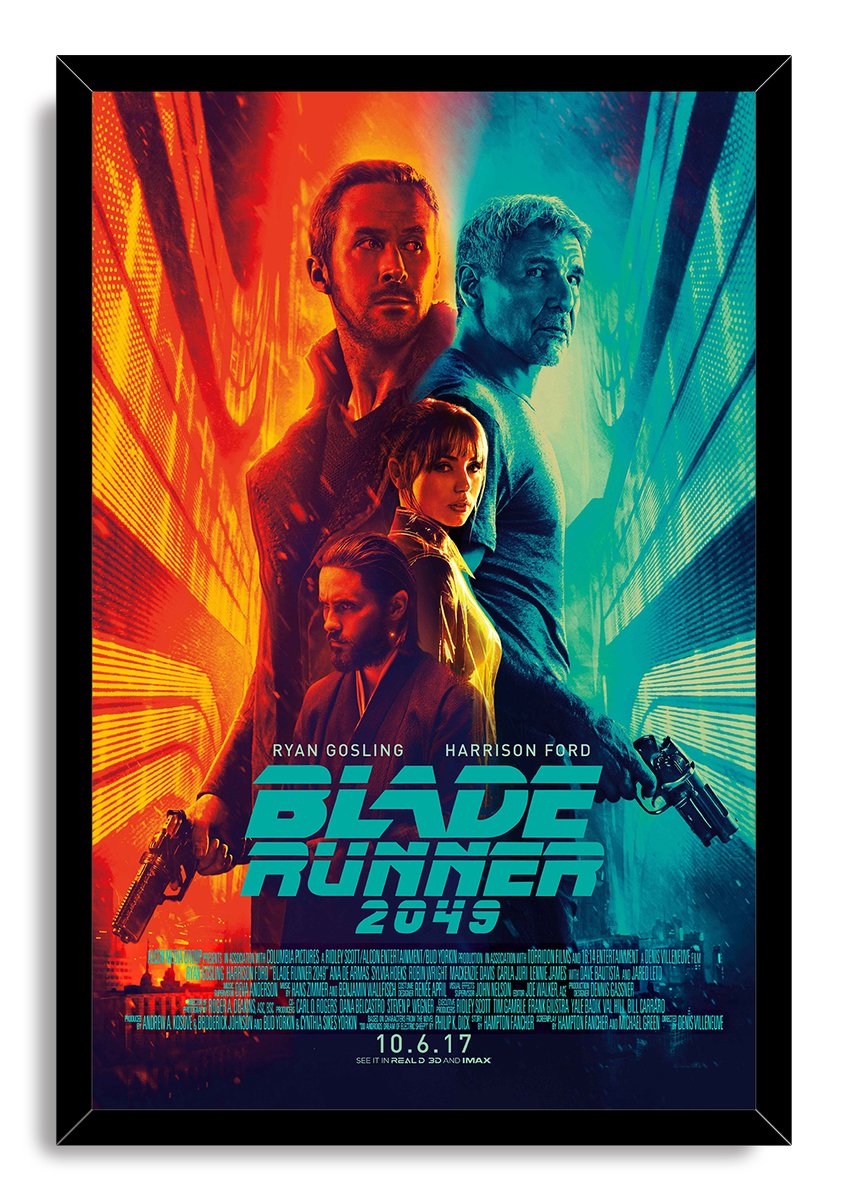 Blade Runner 2045 framed wall art print presents four layered character portraits, guns, and a vivid orange-to-teal sci-fi city scene.