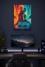 Blade Runner 2045 Movie Poster in a gaming desk setup above a monitor.