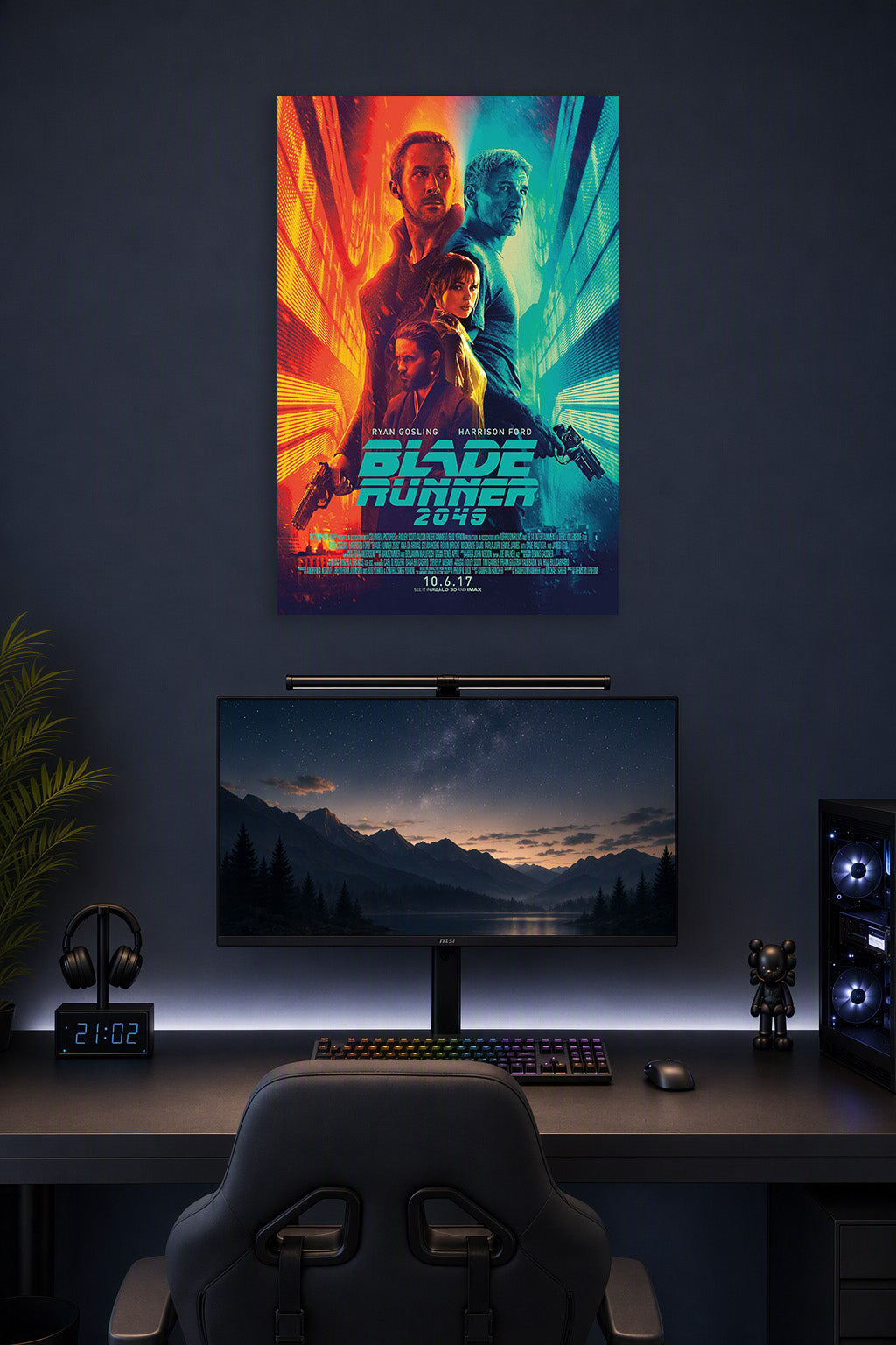 Blade Runner 2045 Movie Poster in a gaming desk setup above a monitor.