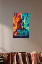Blade Runner 2045 Movie Poster in a cozy movie room above a brown sofa with popcorn.