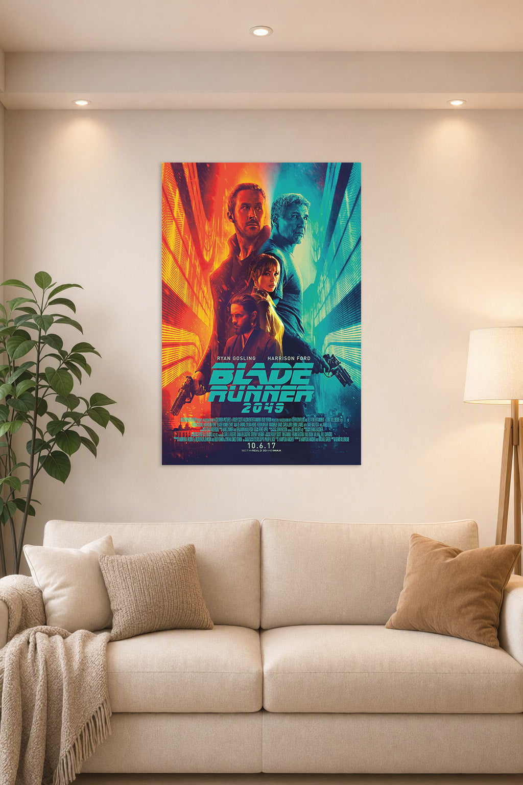 Blade Runner 2045 Movie Poster in a bright living room above a beige sofa.