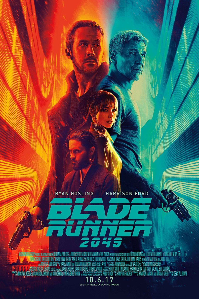 Blade Runner 2045 poster features four character portraits with guns against a split orange and teal futuristic city backdrop.