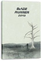 Blade Runner 2049 canvas wall art print displays a solitary figure and leafless tree beneath bold black title text.