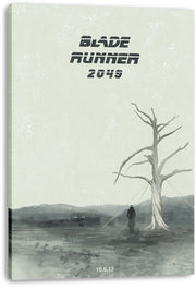 Blade Runner 2049 canvas wall art print displays a solitary figure and leafless tree beneath bold black title text.