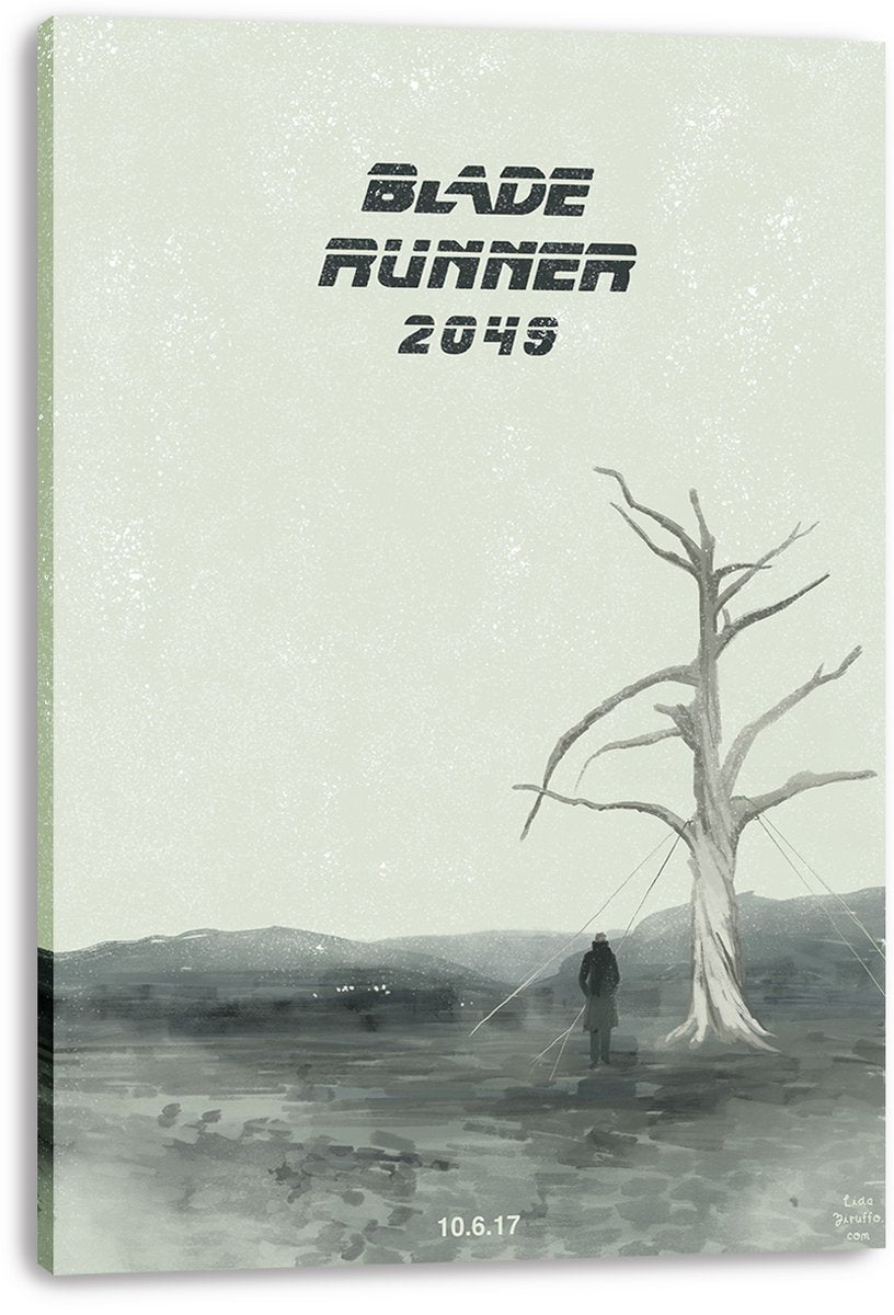 Blade Runner 2049 canvas wall art print displays a solitary figure and leafless tree beneath bold black title text.