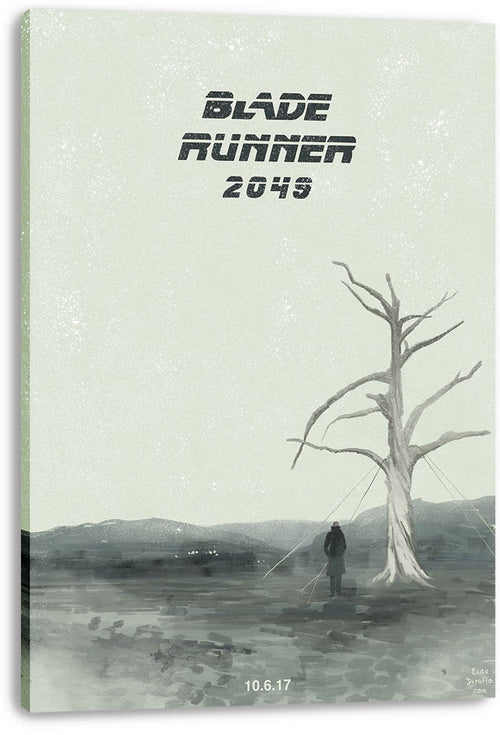 Blade Runner 2049 canvas wall art print displays a solitary figure and leafless tree beneath bold black title text.