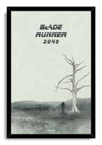 Blade Runner 2049 framed wall art print features a lone figure beside a skeletal tree over muted gray hills and marshland.