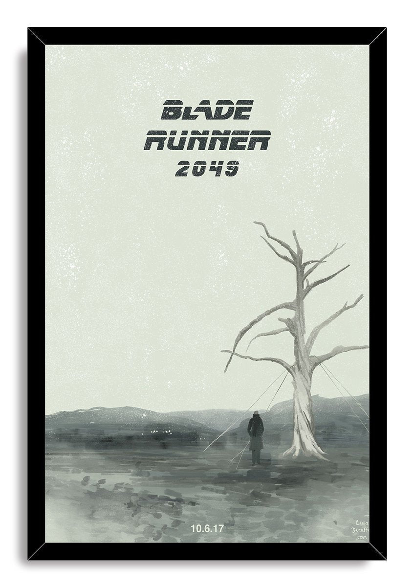 Blade Runner 2049 framed wall art print features a lone figure beside a skeletal tree over muted gray hills and marshland.